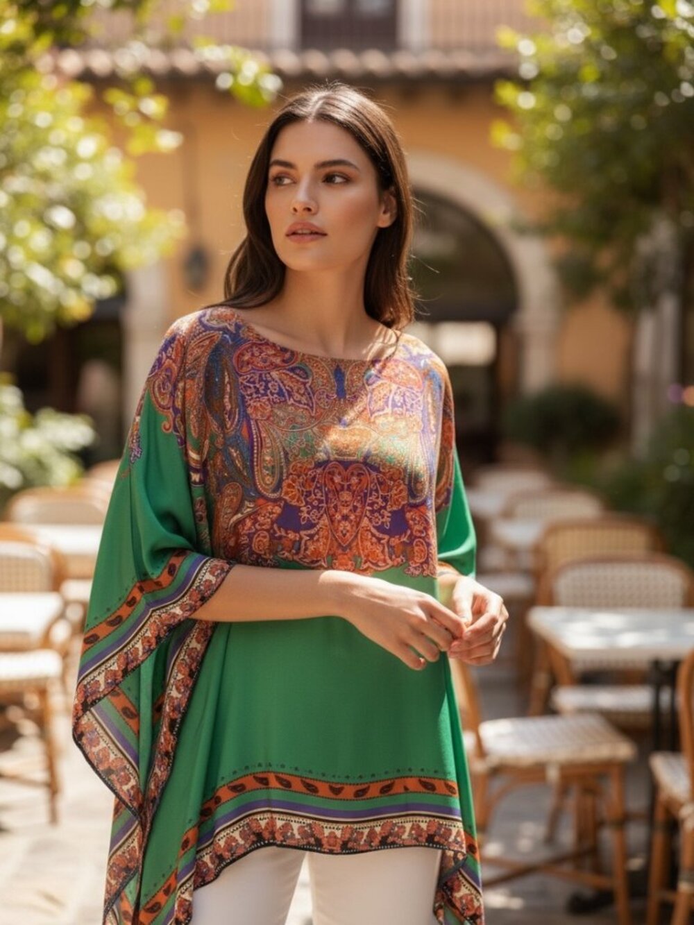 Sundance Boho Kaftan Top Green Paisley Print 100% Viscose O/S Flowy Gypsy Beach